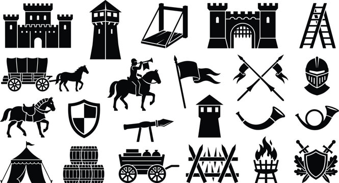 Medieval Weapons and Armor Silhouette Collection with Shields, Helmets, Siege Engines and Banners