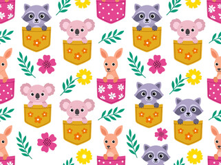 Fototapeta premium Cute Animals in Pockets Seamless Pattern with Koala, Raccoon, and Kangaroo