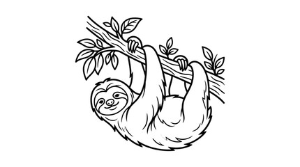 Obraz premium Sleek Black and White Line Drawing of a Sloth Hanging from a Branch with Leaves and Small Plants