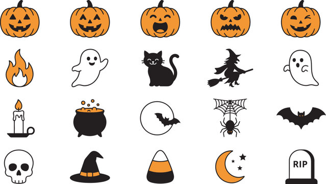 A collection of various halloween themed stickers featuring pumpkins ghosts black cats witches bats skulls and other spooky holiday festive icons