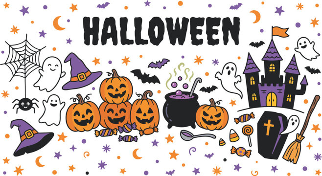 A festive halloween background featuring a collection of cute pumpkins a haunted castle a witch hat and various spooky holiday themed icons
