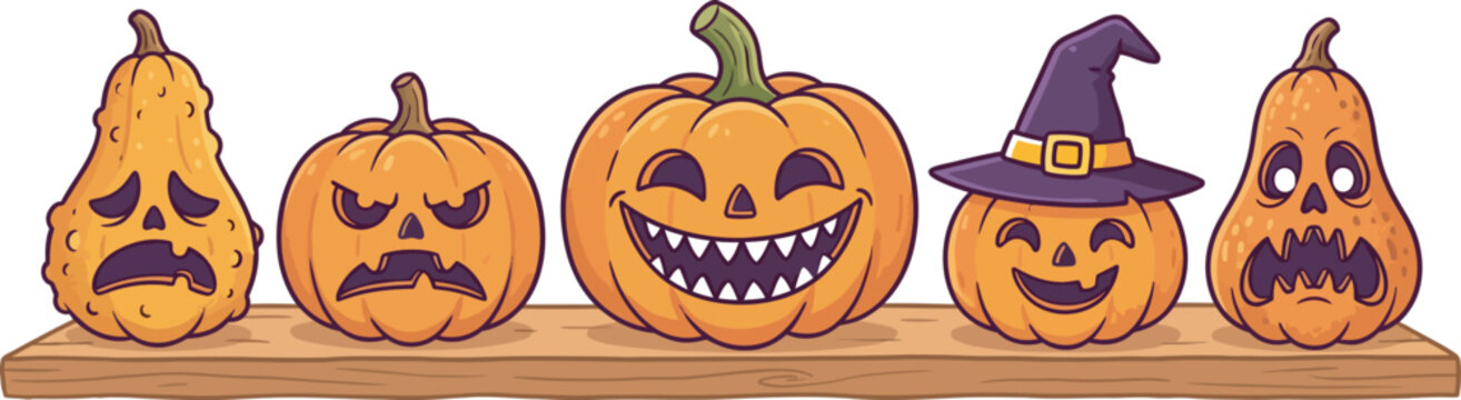 A row of five decorative halloween pumpkins with various carved faces and expressions displayed on a wooden shelf against white background