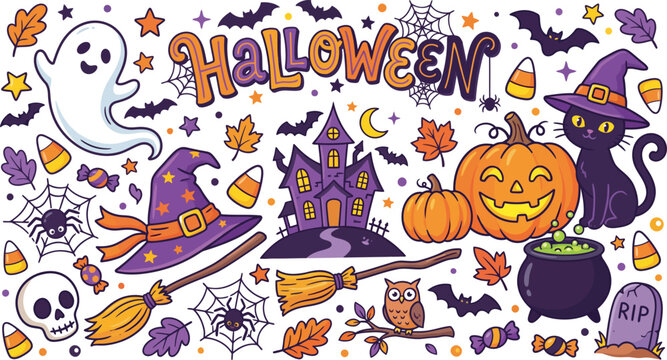 A festive collection of colorful halloween themed illustrations featuring pumpkins ghosts cats witches hats and a haunted house on white background