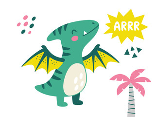 Cute Cartoon Green Pterodactyl Dinosaur Illustration with Arrr Speech Bubble and Palm Tree © Sumi