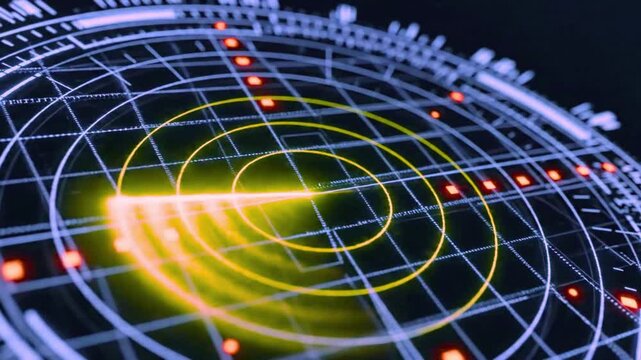 Close Up of Circular Radar Display with Pulsating Lights and Geometric Patterns on Dark Background