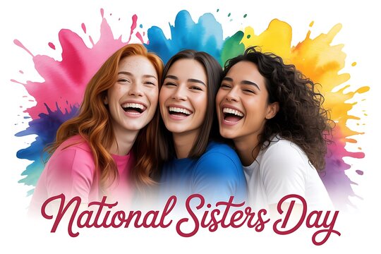 Three diverse happy young women laughing together in front of a colorful vibrant paint splash background