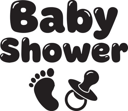 Baby shower word art with stacked bubble lettering and infant foot steps icon for newborn celebration invitations and banners.