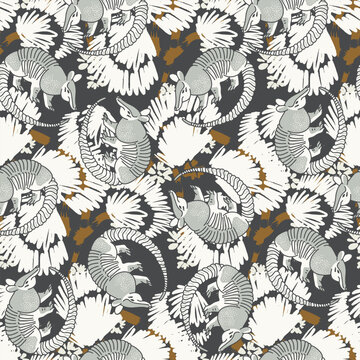 armadillo monochrome charcoal grey cream southwestern desert botanical flora fauna wild animal mammal armored shell tropical foliage linocut blockprint