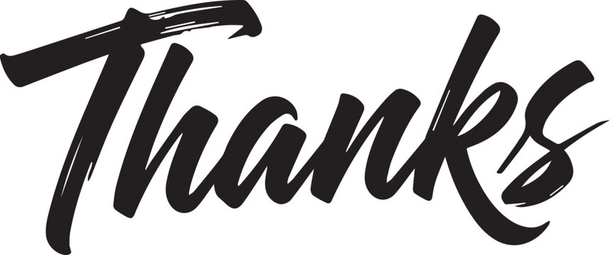 Thank you handwritten brush calligraphy typography, black text on transparent background, graphic design element.