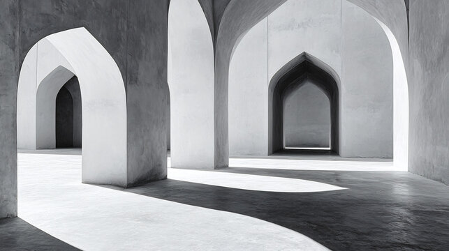 Arched hallway, monochrome architecture