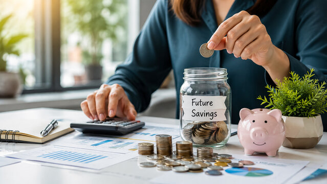 Woman putting coin into glass jar with future savings label while using calculator.