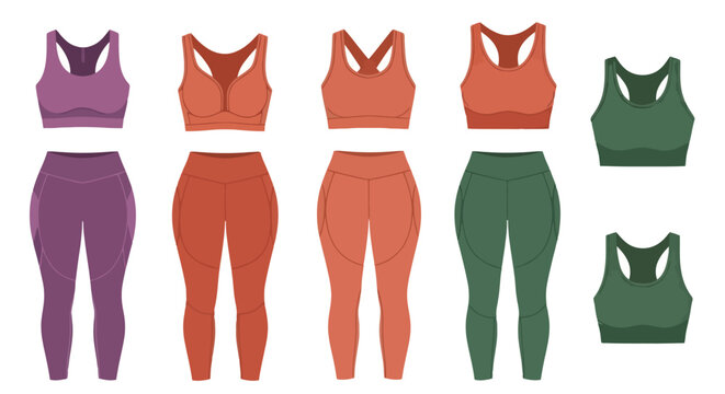 Collection of women's athletic wear including sports bras and leggings in various colors like purple, orange, and green.