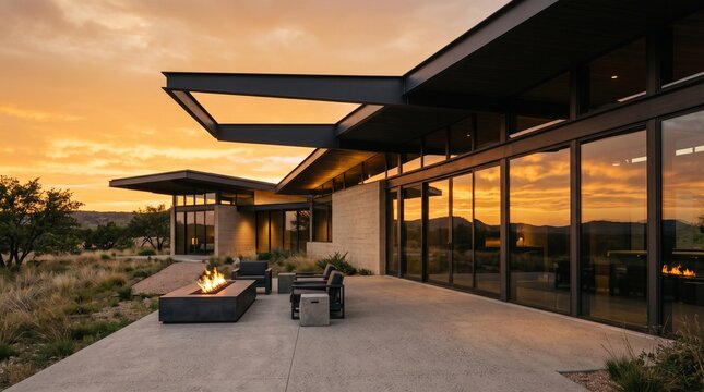 Modern Desert Home Patio at Sunset with Fire Pit