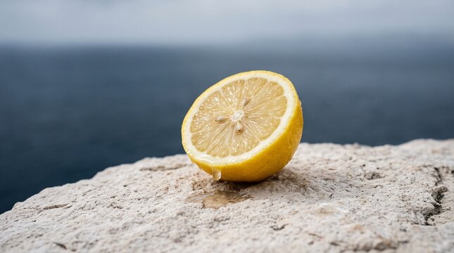 Fresh Lemon Half on Rocky Coastal Stone