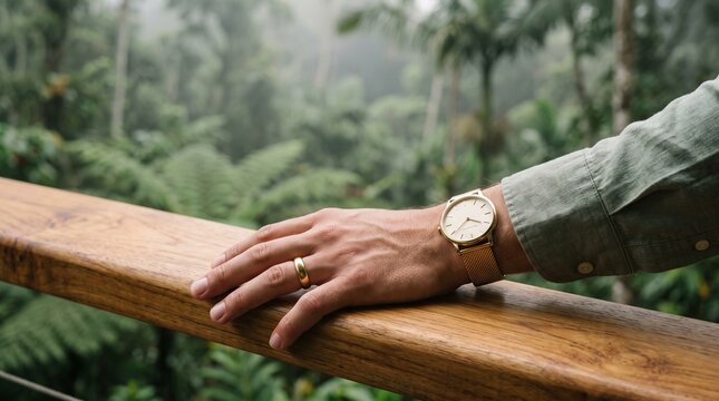Couple with Wedding Rings on Wooden Railing in Nature