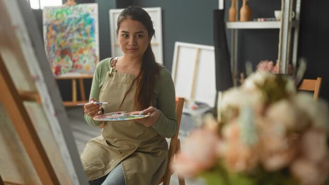Woman painter in apron holds palette and brush, smiles and paints on easel in studio with canvases and flowers; creative serenity.