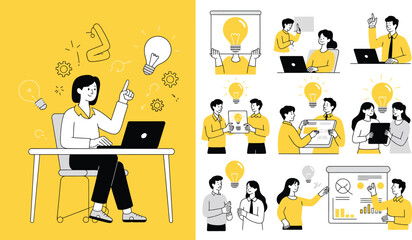 Fototapeta premium vector illustration banner with creative business ideas and lightbulbs, inspiring innovation, brainstorming, teamwork, entrepreneurship, and professional corporate communication graphics.
