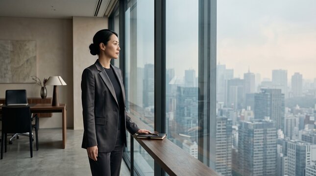 Professional Woman Gazing at City Skyline from High-Rise Office