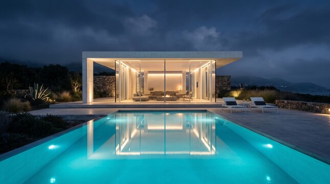 Modern Luxury Home with Illuminated Pool at Dusk