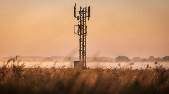 Focused view of a wireless broadband tower framed by gently blurred golden fields at dawn highlighting early morning rural connectivity.