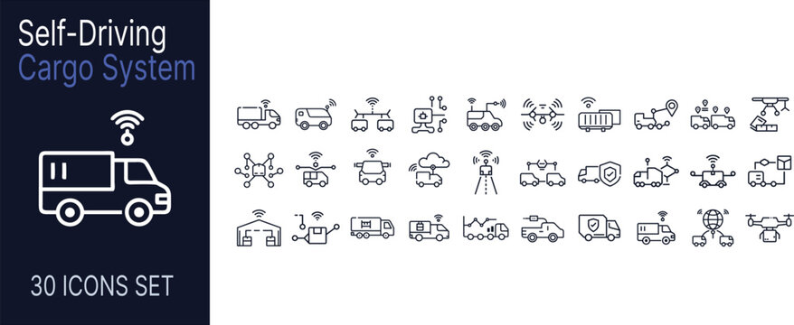 Self-driving cargo system icons with autonomous vehicles and drones on white background