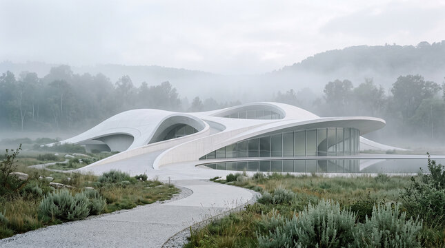 Futuristic White Architecture Building in Misty Landscape
