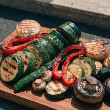grilled vegetable platter on a wooden serving boar 