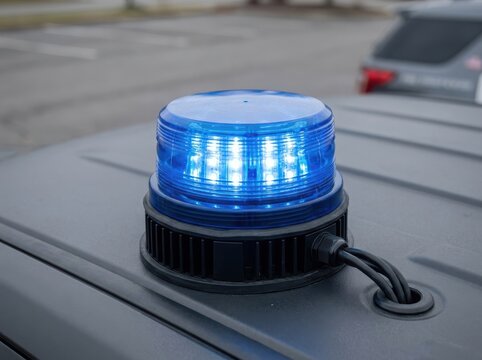 Bright blue emergency warning beacon light mounted on the roof of a police or rescue vehicle for safety and traffic signaling