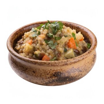 vegetable khichdi in an earthen bowl garnished 
