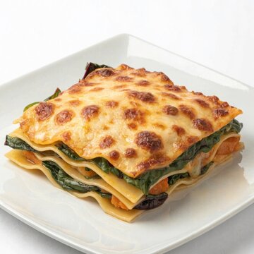 vegetable lasagna on a square ceramic plate melte