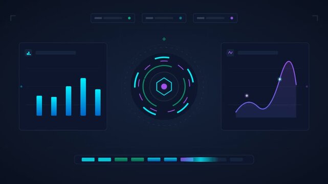 Futuristic HUD data dashboard with digital charts, high-tech UI interface with neon bar graphs and line plots, glowing blue and purple infographic elements