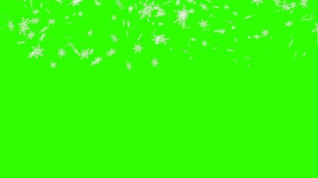 Festive animation of gold glitter snowflakes falling down against a green screen background