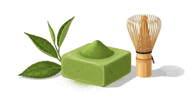 Natural soap logo with matcha green tea and bamboo whisk
