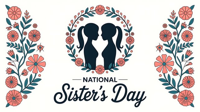 National sisters day greeting card design with floral wreath and silhouettes of two young women facing each other