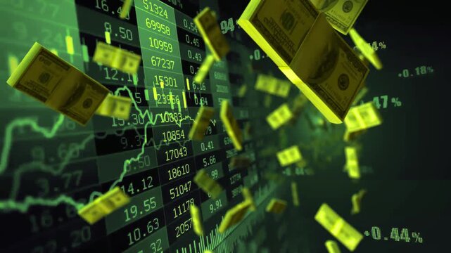Dynamic Flow of Golden Dollar Bills Against Green Financial Data Background
