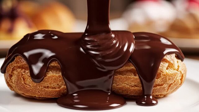 Delicious fresh eclair being covered with rich melted dark chocolate sauce.