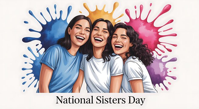 Three happy young women laughing together celebrating national sisters day with colorful paint splashes in the background