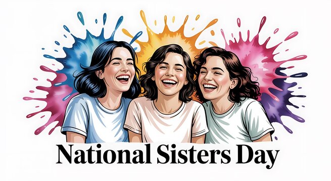 Three happy sisters laughing together with colorful watercolor paint splashes on a white background for national sisters day