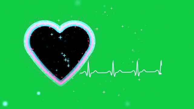 White line growing near neon heart forming waveform, heart pulsing to show pulse on transparent bg