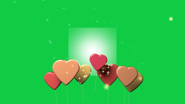 On play heart balloons bobbing and rising, forming band below center white panel on transparent bg