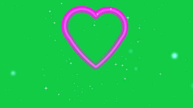 Loop start neon heart falling, stars glinting, cyan dots sliding on transparent background looping
