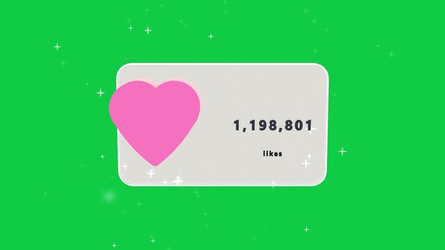 Outline popping, pink heart moving into card, sparkles drifting, showing 1198801 likes, transparent