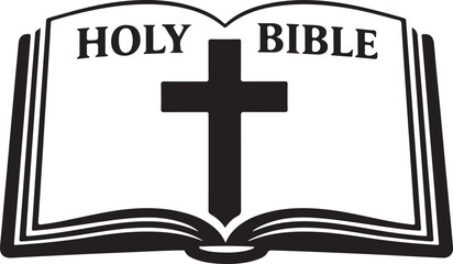 Open Holy Bible with upright Christian cross icon representing faith, scripture and worship vector art. © MdMoziber