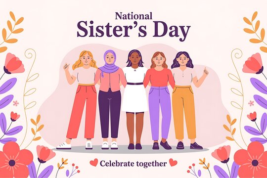 National sisters day illustration featuring a diverse group of young women standing together with floral decorations