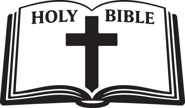 Open Holy Bible with upright Christian cross icon representing faith, scripture and worship vector art.