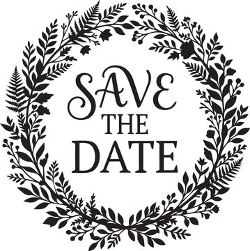 Save the date wedding invitation typography enclosed in decorative botanical leaf wreath black vector art on transparent background.
