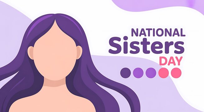 National sisters day greeting card illustration featuring a stylized woman with long purple hair on pastel background