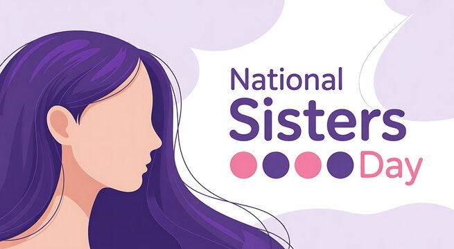 Minimalist illustration of a young woman with long purple hair celebrating national sisters day with colorful dots