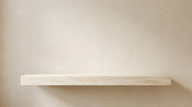 Minimalist beige wall with floating shelf. Empty stone ledge for product display mockup.