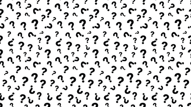 Seamless pattern of black question marks scattered on a white background, repeating symbol wallpaper for education, mystery, or faq concepts, contrast